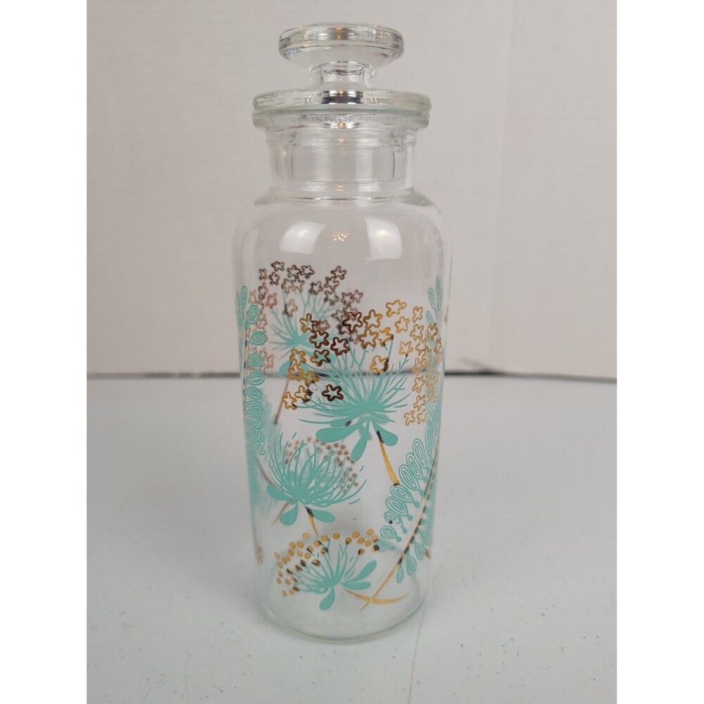 Vintage Apothecary Bath Salts Jar MCM Turquoise Gold Dandelion Leaf Glass MCM
